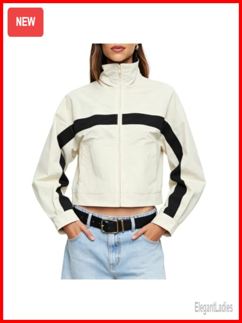 Womens Cropped Windbreaker Funnel Neck Color Block Zip Jacket